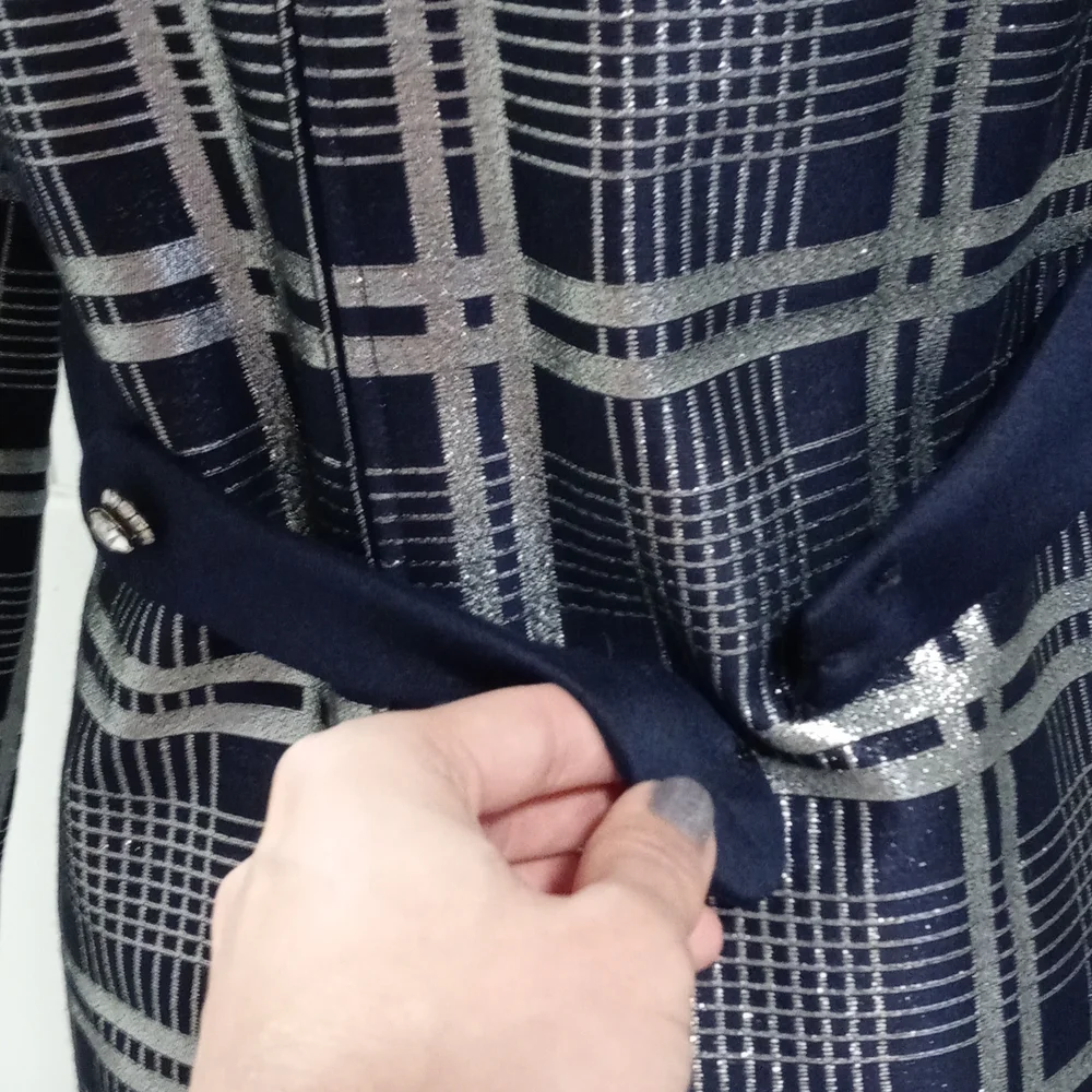 💙VTG 1960s Oscar de la Renta💙 - Navy Silk & Silver Metallic Plaid Mod Dress - Picture 12 of 16